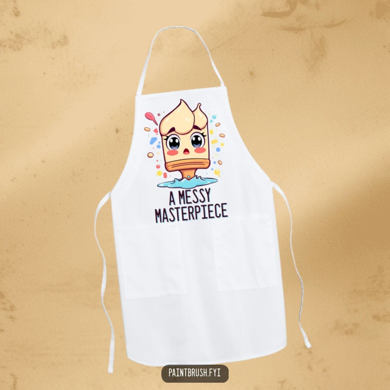 Funny Apron: A paintbrush character with wide eyes reacting to a splash, a humorous and protective accessory for artists.