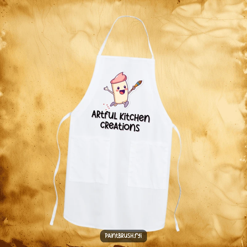 Funny Apron designed for artists, showing a leaping paintbrush character leaving a colorful dotted trail.