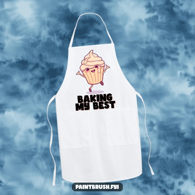 Funny Apron showing a smiling cupcake character with dripping frosting doing a cartwheel, ideal for sweet bakers.