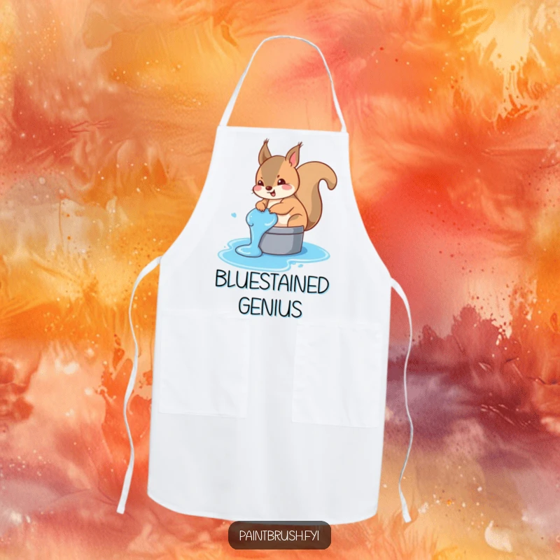 Funny squirrel apron illustrating a mischievous squirrel accidentally dipping its tail in a bucket of blue paint, for messy cooking.