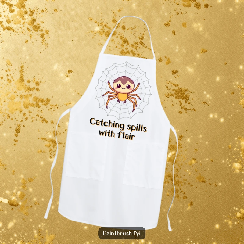 Funny apron with a focused spider character weaving a perfectly symmetrical web, ideal for crafting, painting, or messy projects.