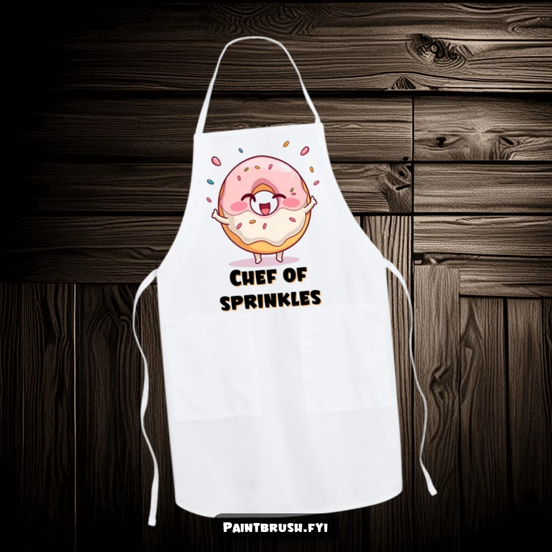 Funny Apron showing a winking donut character excitedly juggling sprinkles, ideal for sweet bakers.