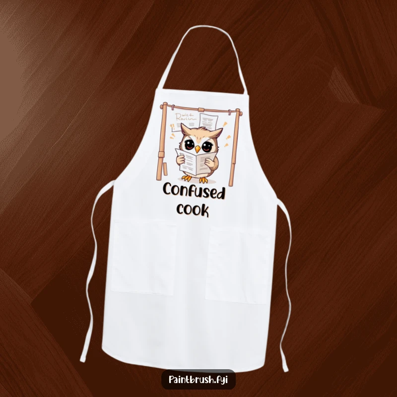 Funny owl apron illustrating a confused owl trying to read instructions upside down on a canvas, ideal for culinary confusion.