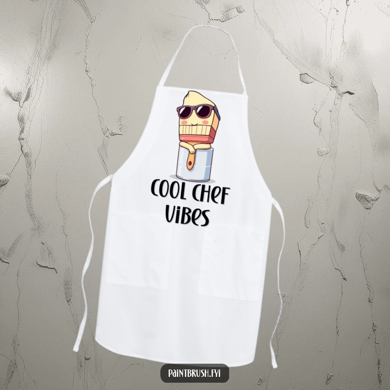 Funny Apron: Paintbrush character wearing sunglasses and leaning casually on a paint can, a humorous and stylish kitchen accessory.