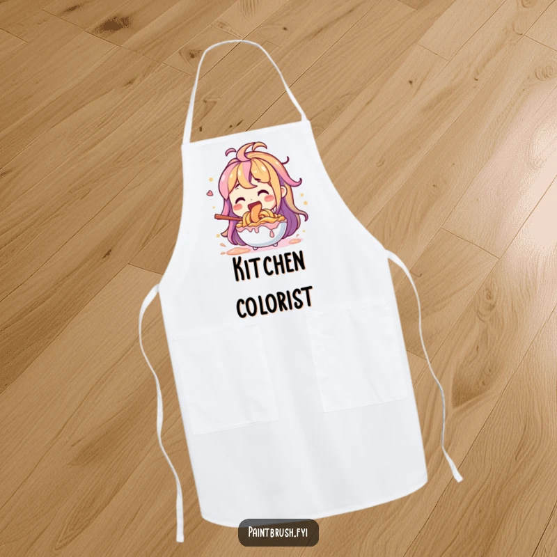Funny character joyfully mixing vibrant paint colors with a large stirring tool, a humorous apron.