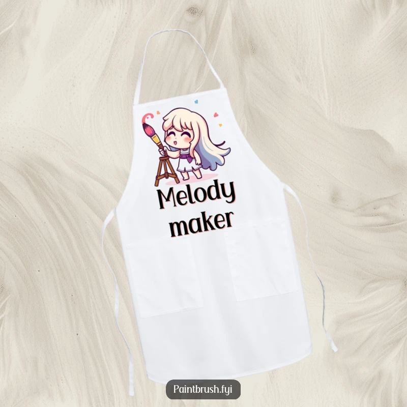 Funny character playing a paintbrush like a trumpet, creating vibrant sound waves, a humorous apron.