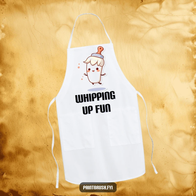 Funny apron depicting a paintbrush character wearing a tiny hat and spinning happily, celebrating the joy of artistic creation.