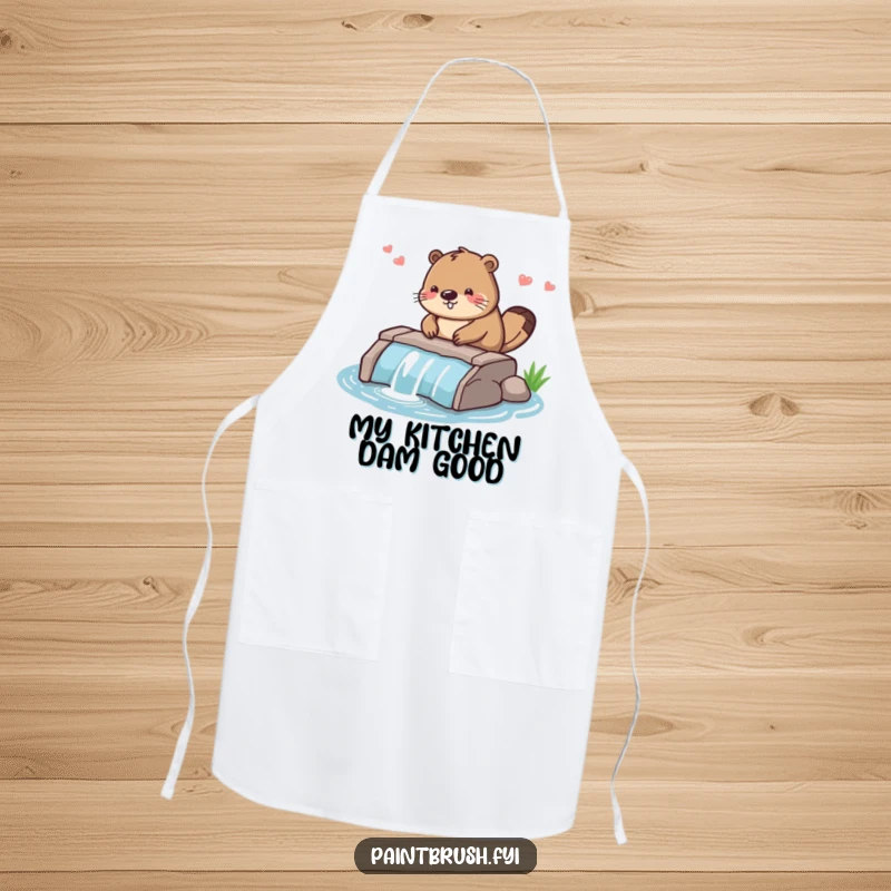 Funny apron with a diligent beaver character smoothing the edges of a small dam, ideal for kitchen tasks or messy crafts.