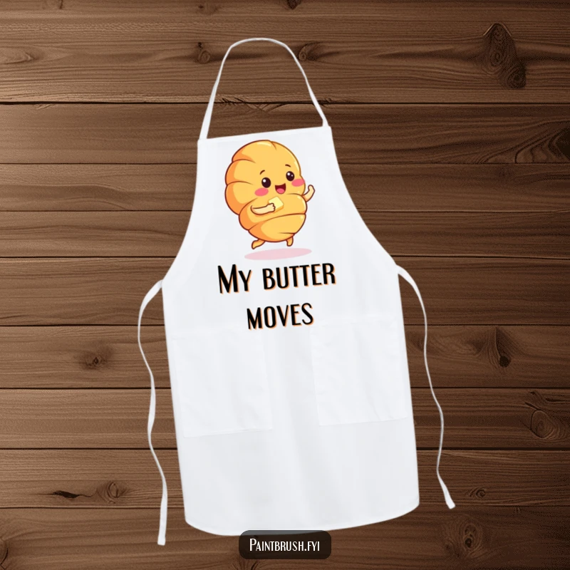 Funny croissant character doing a joyful jig with a pat of butter, designed for chefs who love to add humor to cooking.
