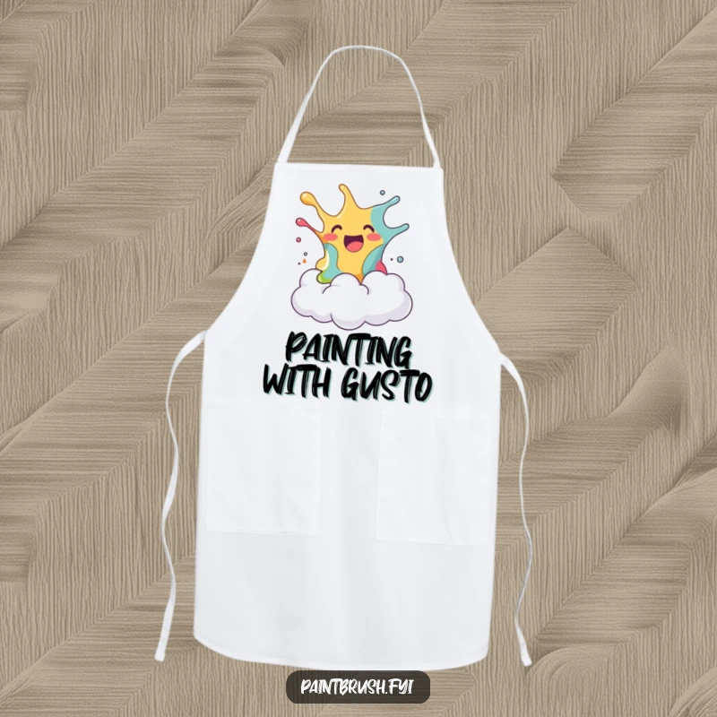 Funny apron with a blob of paint joyfully splashing onto a surprised fluffy cloud, perfect for kitchen humor and a great funny gift.