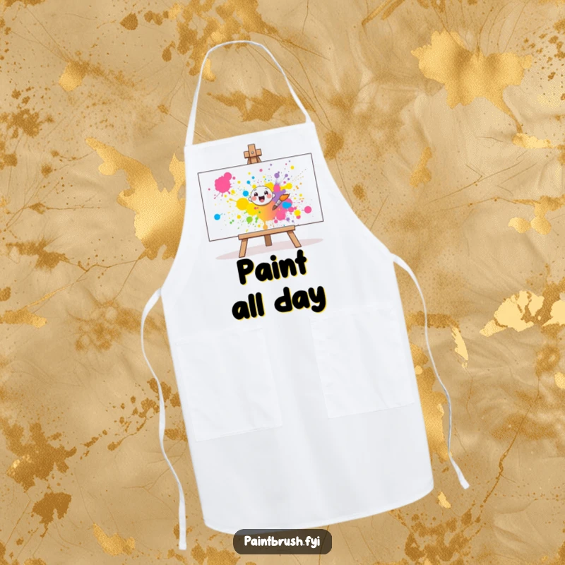 Funny Apron: A cheerful paintbrush character joyfully splatters paint onto a canvas, making it a humorous and functional art accessory.
