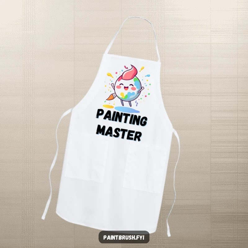 Funny paintbrush apron with a round character joyfully splattering rainbow paint, perfect for protecting clothes during artistic endeavors.