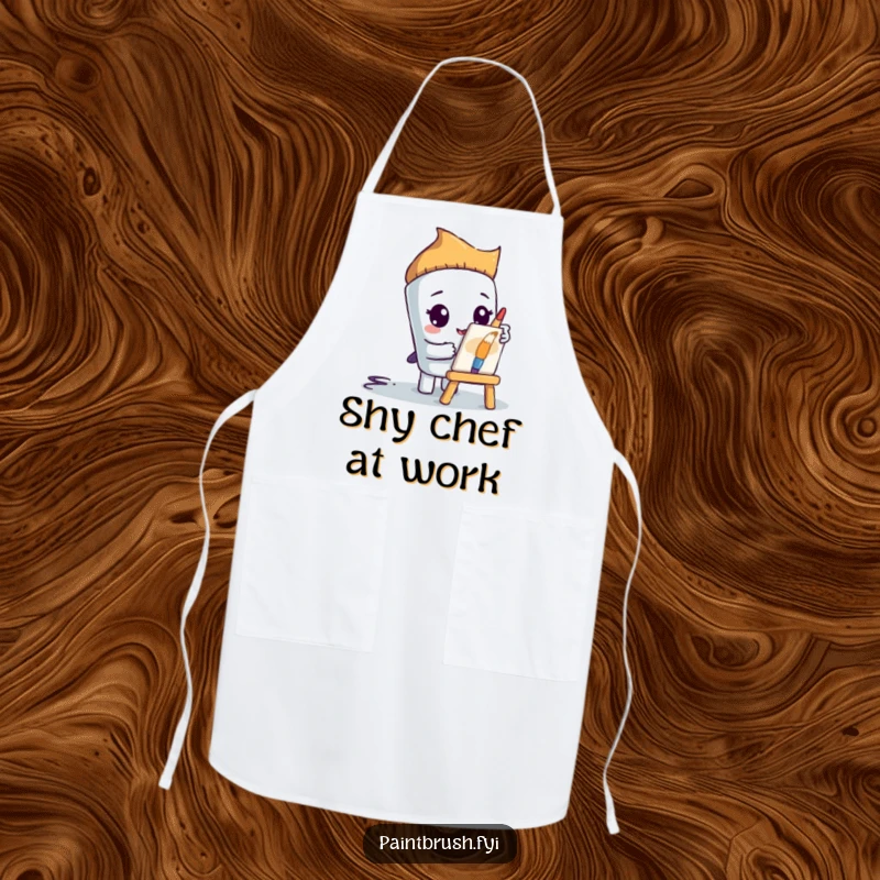 Funny paintbrush character peeking from behind a tiny easel on an apron, promoting a humorous and funny gift for shy artists.