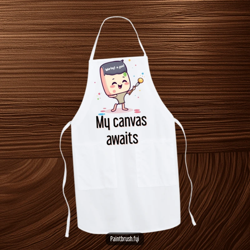 Funny apron with a gleeful paintbrush character joyfully throwing paint confetti, perfect for protecting clothes during creative cooking or crafting.