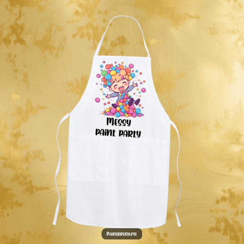 Funny painter character tripping, with colorful paint blobs flying around, while wearing a protective apron for art creation.