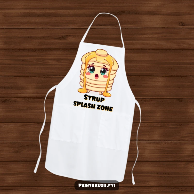 Funny Apron with a surprised pancake character with wide eyes, caught in syrup waterfalls, perfect for kitchen fun.