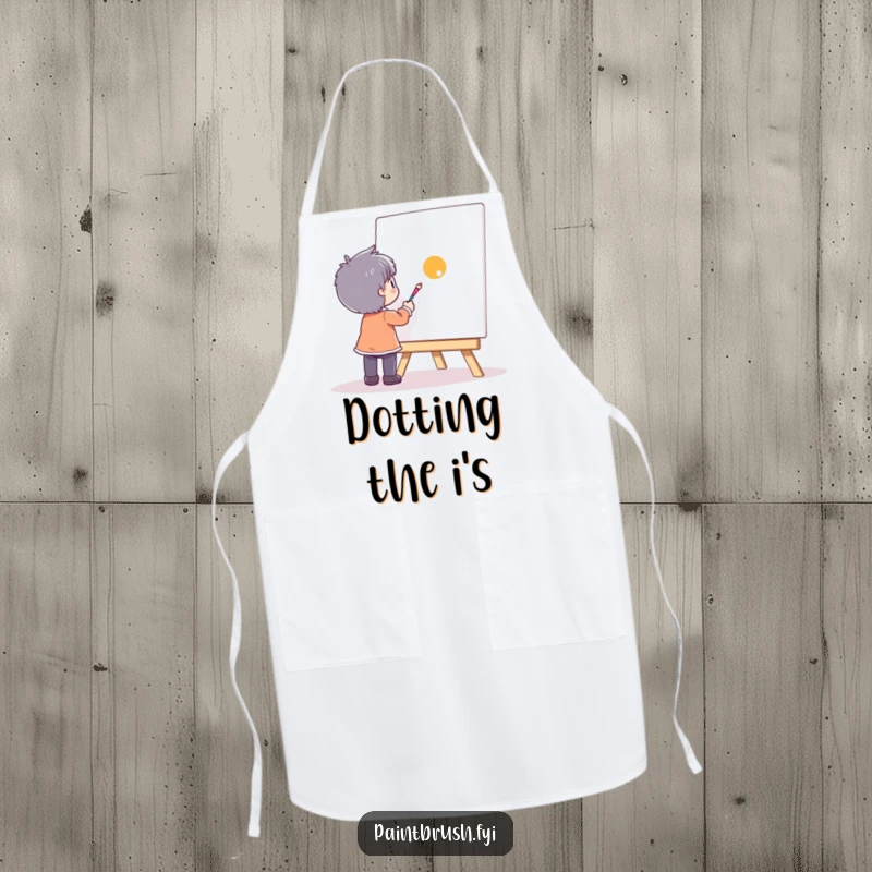 Funny character focused on painting a single dot on a canvas while wearing a clean, protective apron.