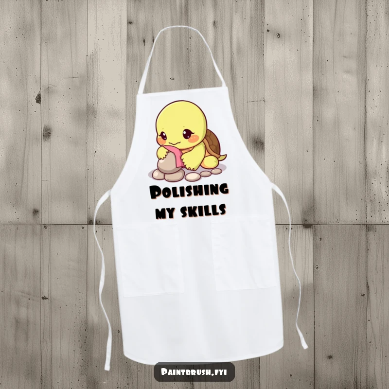 Funny apron featuring a turtle character carefully polishing a single shiny pebble, ready for patient kitchen tasks.