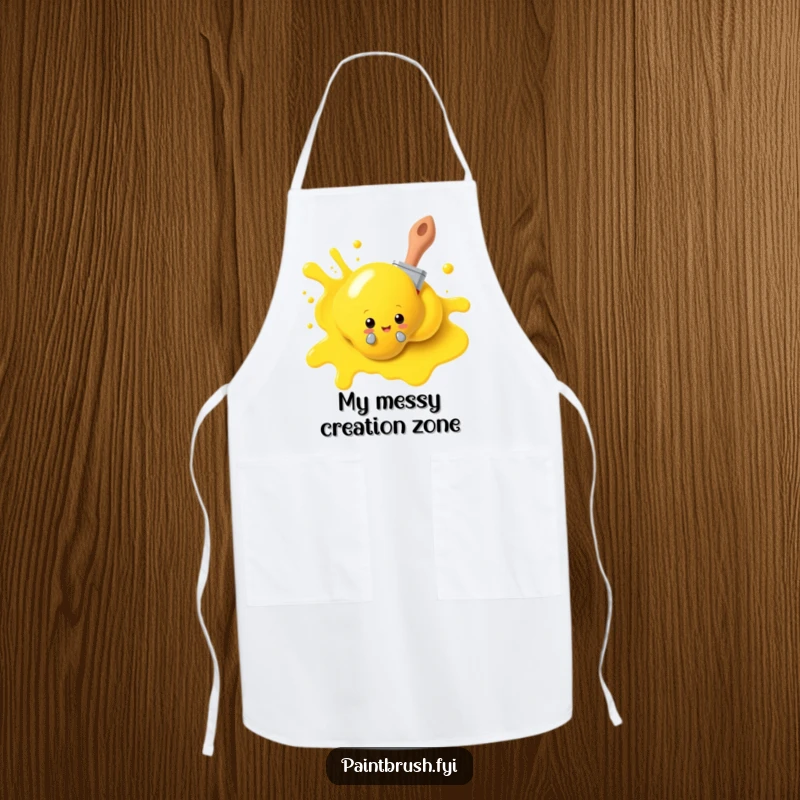 Funny paintbrush apron, playfully peeking from behind a yellow paint blob, designed for artistic protection and bringing humorous flair. A practical gift.