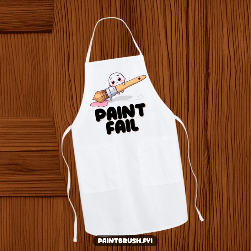 Funny Apron: Tiny round brush character comically tripping over a giant dripping paintbrush, a humorous kitchen accessory.