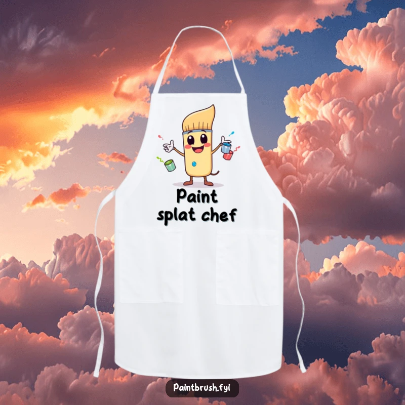 Funny apron with a whimsical paintbrush character juggling three small, lively paint pots, perfect for protecting clothes with artistic humor.