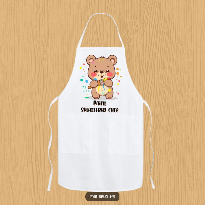 Funny Bear Apron: A happy bear splattered with rainbow paint attempting to hug a paintbrush, bringing humorous artistic flair to the kitchen.
