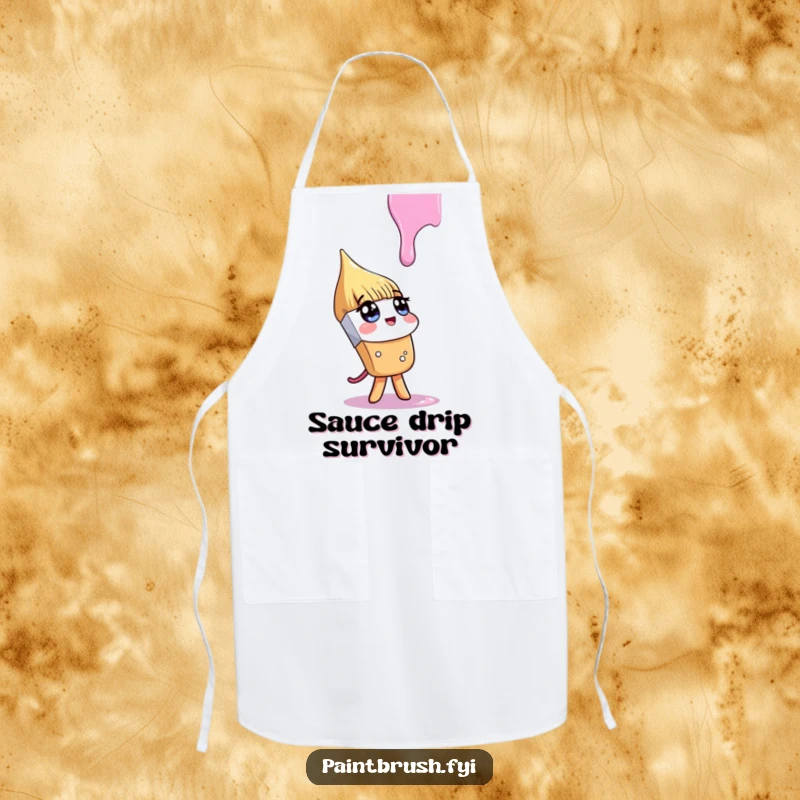 Funny apron with a paintbrush character looking inquisitively at a falling paint drip, perfect for keeping clothes clean during creative cooking.