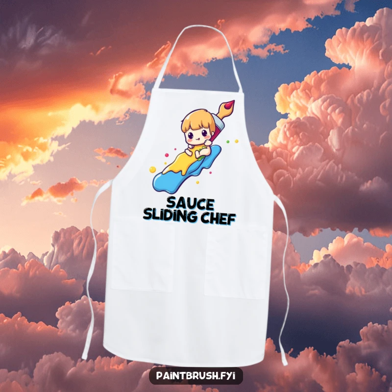 Funny paintbrush apron with a character sliding down a rainbow of colorful paint, perfect for artists enjoying creative flow.