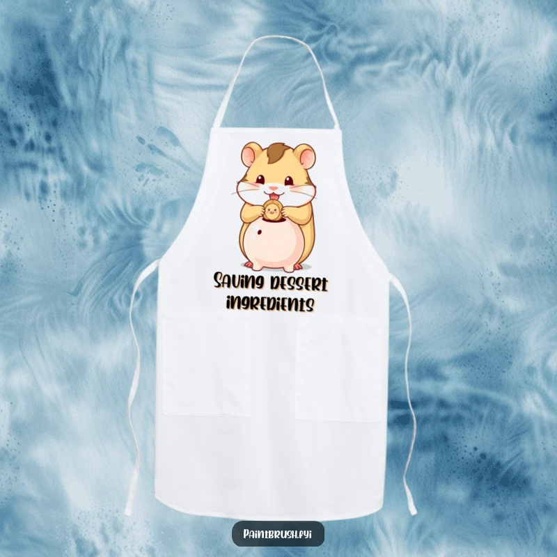 Funny apron featuring a hamster character carefully stuffing a single coin into a tiny piggy bank, ready for kitchen duties.