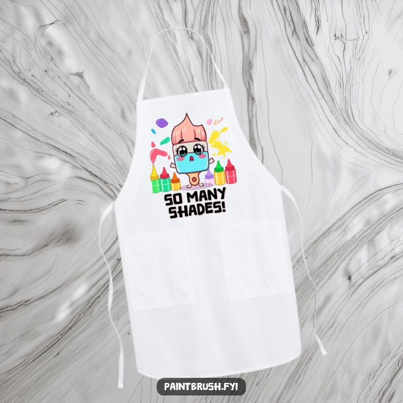 Funny Apron: A surprised paintbrush character gazes at a rainbow of paint tubes, offering humorous protection for artists.