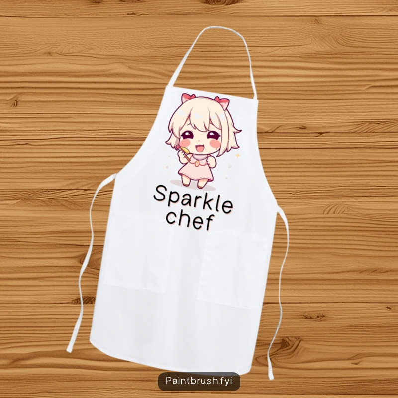 Funny character using a tiny brush to meticulously apply glitter, a humorous and practical apron.