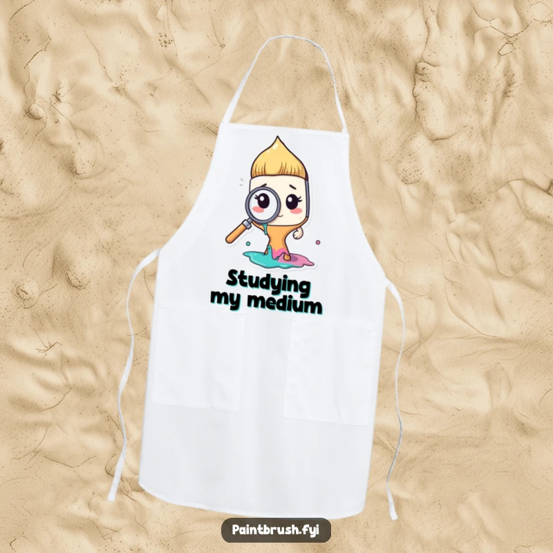 Funny paintbrush character inspecting paint with a magnifying glass on an apron, promoting a humorous and funny gift for artists.