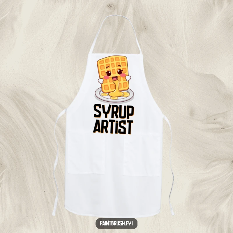 Funny Apron with a smiling waffle character playfully splashing syrup onto a plate, designed for kitchen fun.