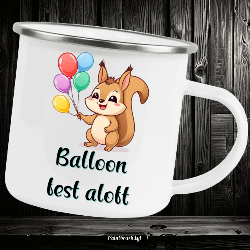 Funny Squirrel Camping Mug showing a cheerful squirrel juggling balloons, perfect for fun outdoor adventures.