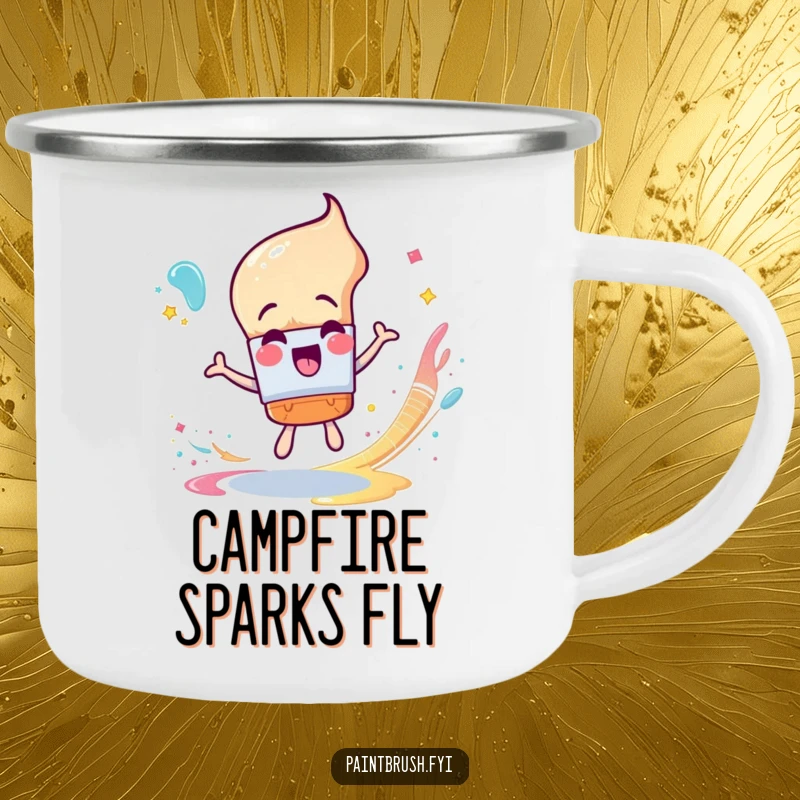 Funny Camping Mug: An excited paintbrush character spinning and creating a glittery paint trail in an outdoor setting.