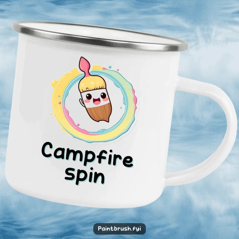 Funny Camping Mug: Paintbrush character enthusiastically splashing paint in a vibrant spiral pattern, a humorous outdoor accessory.