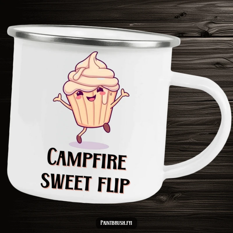 Funny Camping Mug with a smiling cupcake character, frosting dripping, doing a cartwheel, ideal for sweet outdoor lovers.