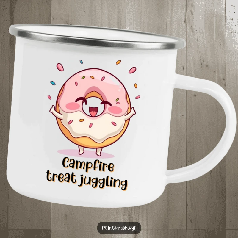 Funny Camping Mug with a winking donut character gleefully juggling sprinkles, ideal for sweet outdoor lovers.