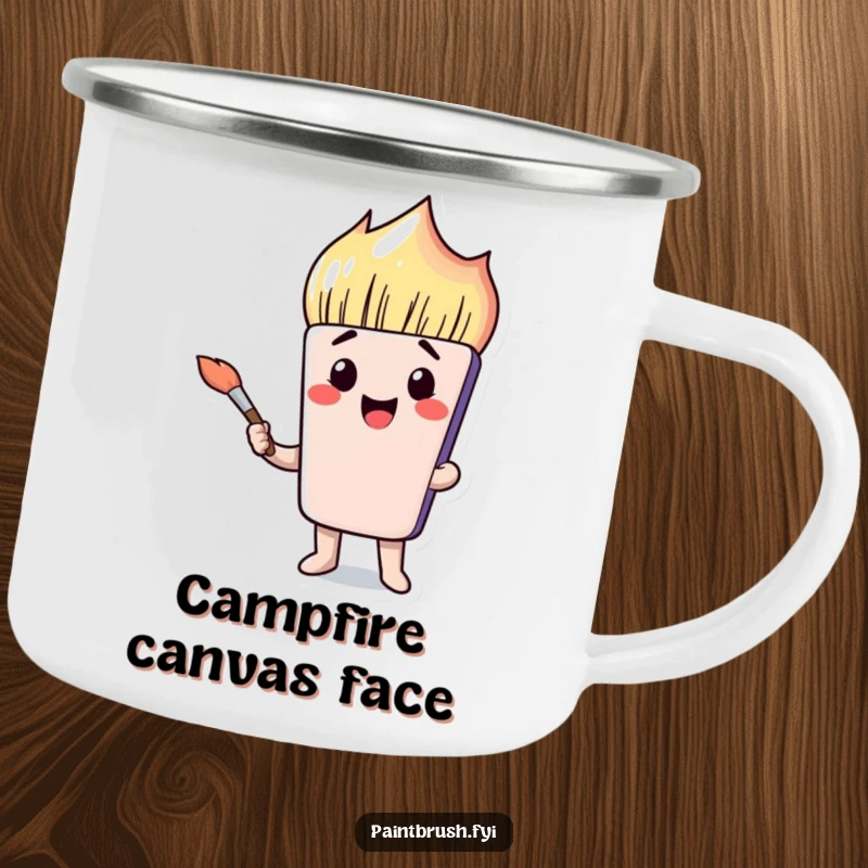 Funny paintbrush character with a hilarious expression on a durable camping mug, perfect for artistic outdoor enthusiasts.