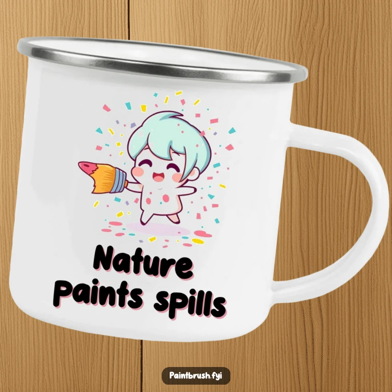 Funny tripping paintbrush character scattering colorful paint confetti on a durable camping mug, ideal for artistic outdoor enthusiasts.