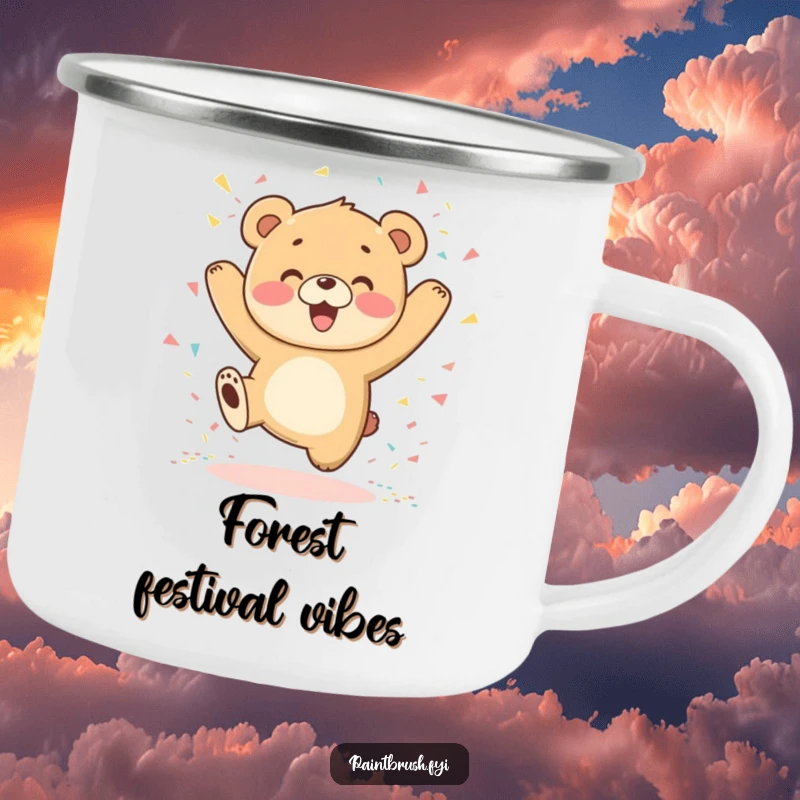 Funny Bear Cub Camping Mug showing an excited cub jumping with confetti, ideal for happy outdoor adventures.