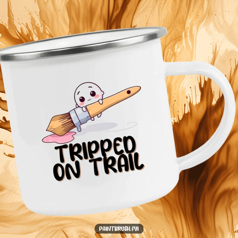Funny Camping Mug: Tiny round brush character comically tripping over a giant dripping paintbrush, a humorous outdoor accessory.