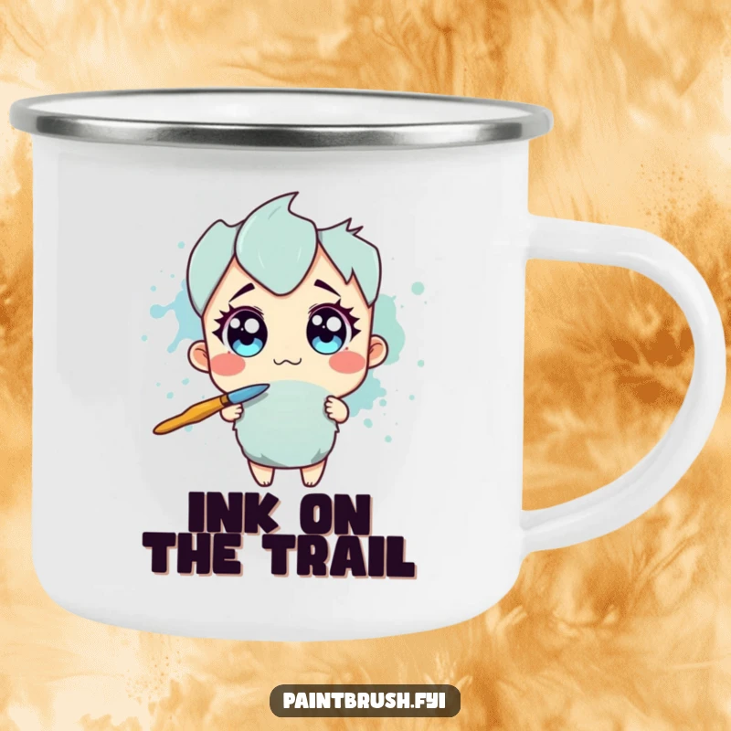 Funny Camping Mug: Paintbrush character with wide eyes recoiling from a large ink splotch, a humorous outdoor accessory.