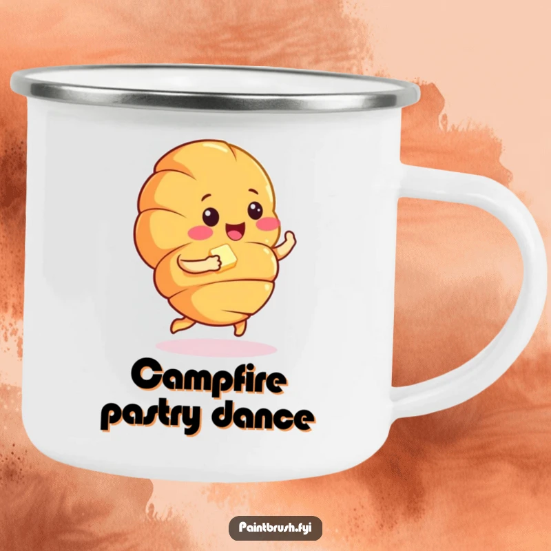 Funny croissant character doing a lively jig with a butter pat, perfect for enjoying coffee during outdoor excursions.