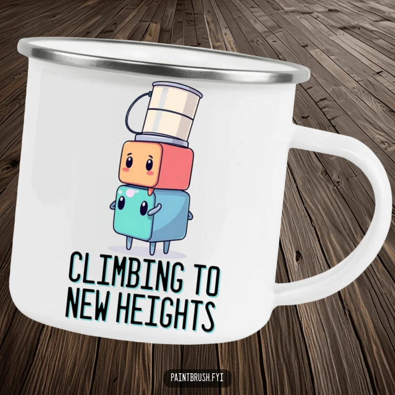 Funny cube character balancing paint cans on its head, designed for outdoor use on a durable camping mug.