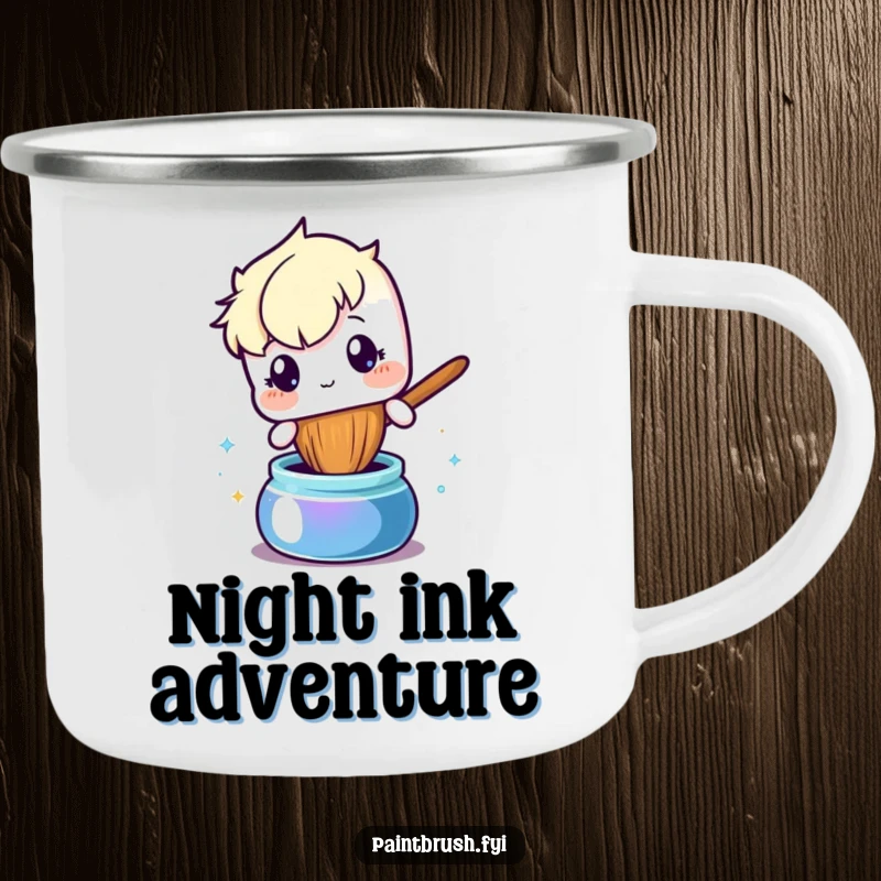 Funny camping mug featuring a curious paintbrush character exploring ink, perfect for artists who find inspiration in nature.