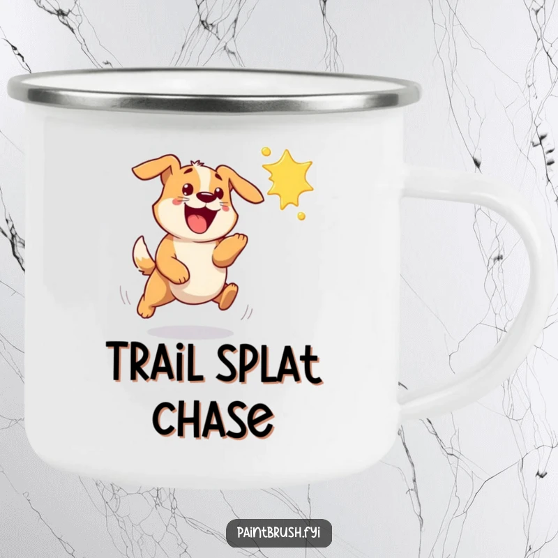 Funny dog camping mug with a bouncy dog excitedly chasing a flying paint splat, ready for outdoor fun.