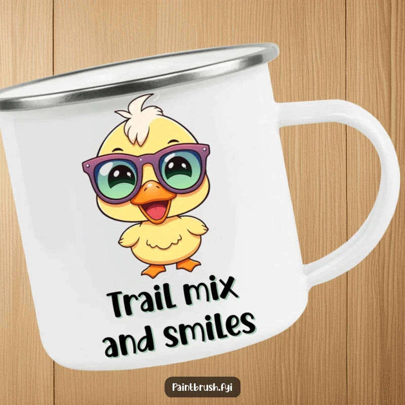 Funny duckling party camping mug, joyous duckling smiling with party glasses, perfect for outdoor drinks and fun.