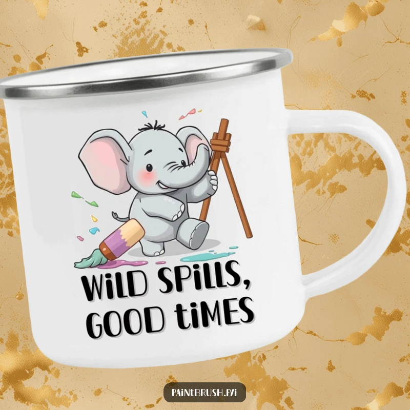 Funny camping mug depicting a clumsy elephant tripping over a giant paintbrush, causing a comical paint explosion, perfect for adventures.