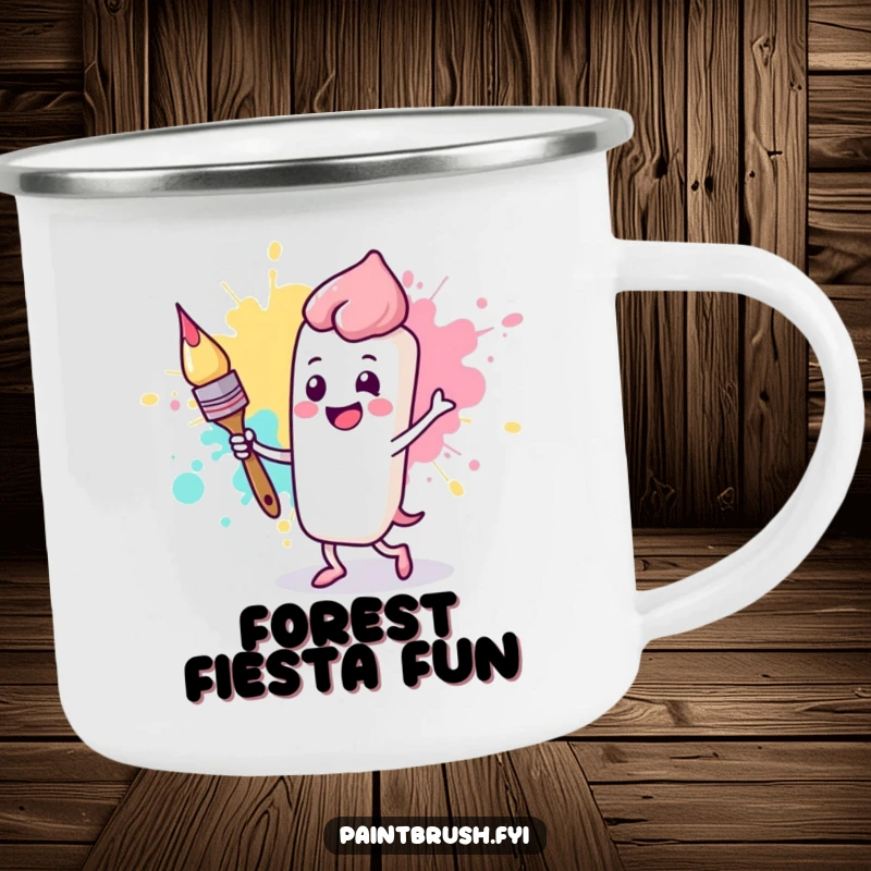 Funny camping mug with a happy paintbrush character dancing with a paint splotch, embodying joyful outdoor art creation.